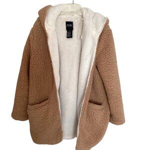 Me Jane Women's Open Front Teddy Jacket Coat Size S/P Hooded Sherpa Fleece Y2K